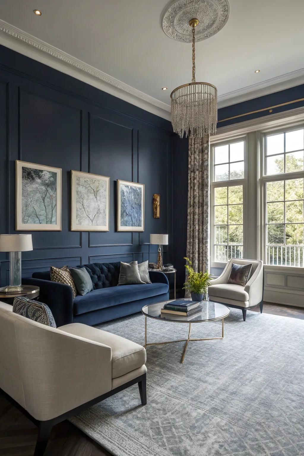 Indigo walls create a striking contrast alongside grey carpets.