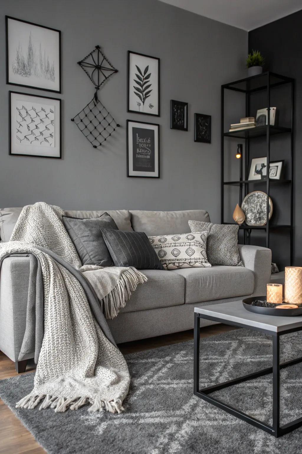 An elegant monochromatic family room showcasing a gray sofa.