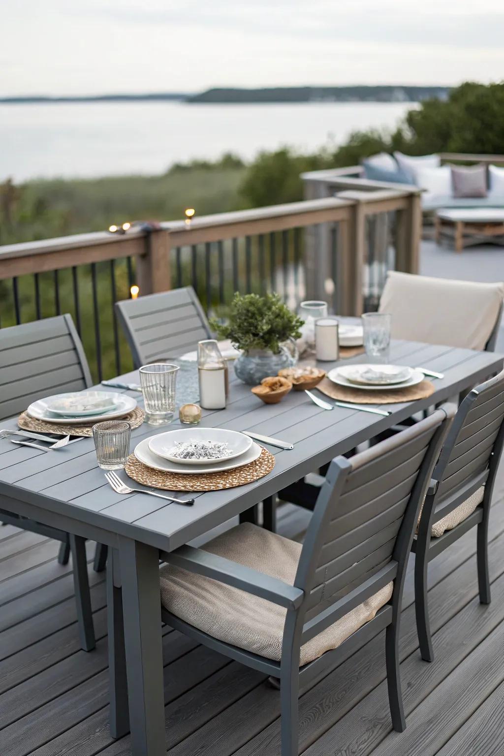 A stylish dining arrangement on a grey deck for delightful outdoor meals.