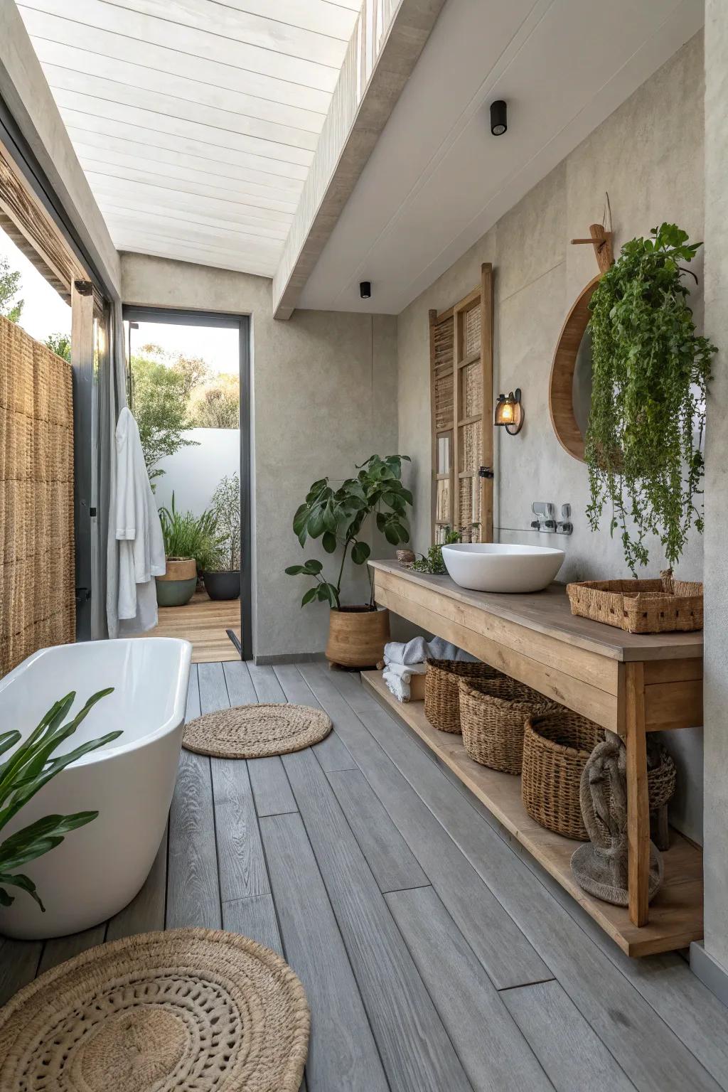 Grey-stained wood brings a rustic yet modern feel to this bathroom.