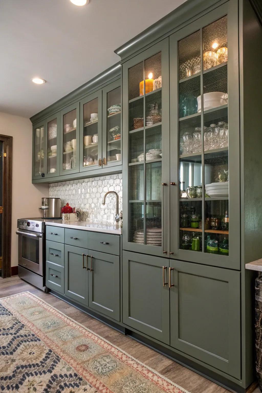 Diverse materials infuse eclectic charm into grey-green cabinets.