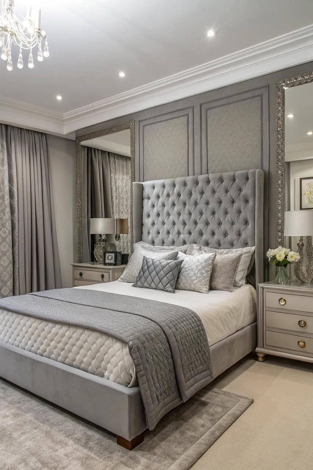 A balanced bedroom design with a symmetrical layout around a grey headboard.