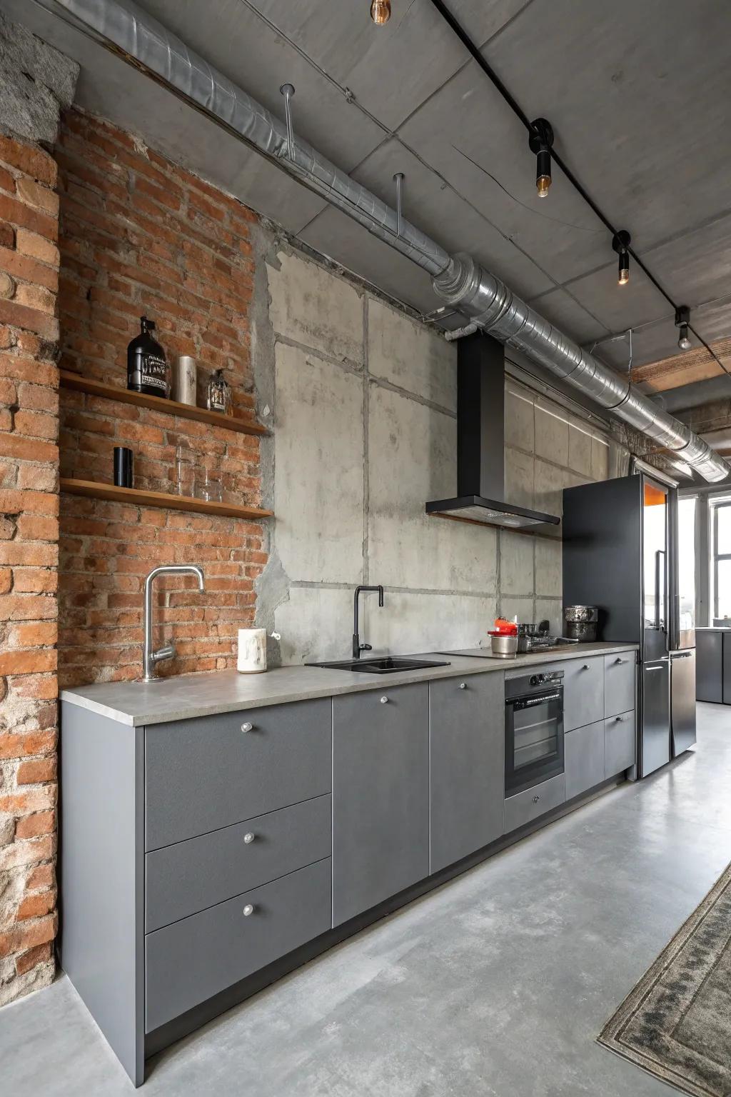 Industrial features offer a stylish, urban ambiance to a grey kitchen.