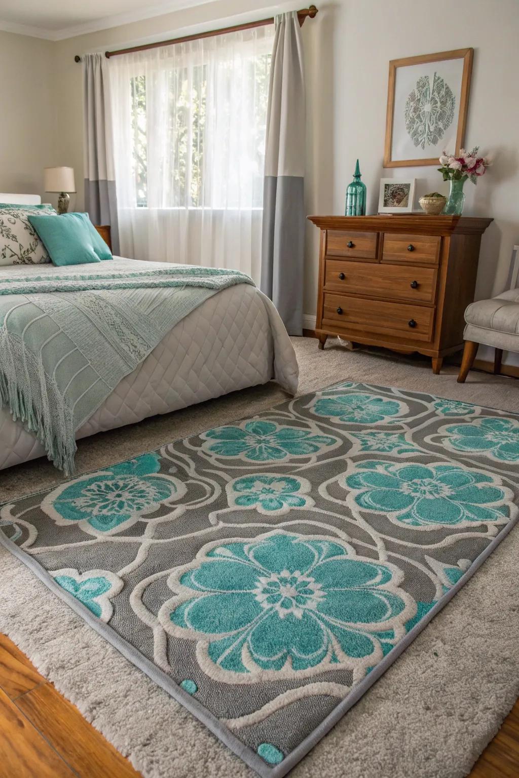 A patterned floor covering secures the area with its cohesive design.