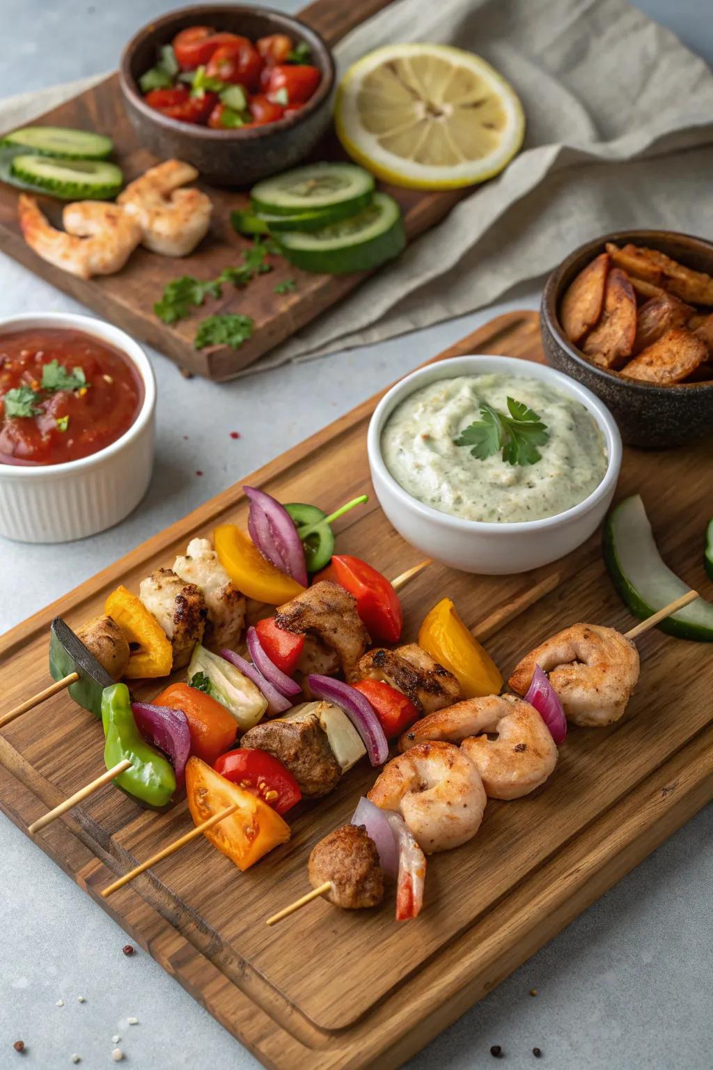 Assorted skewers paired with dips offer an endless array of flavor combinations.