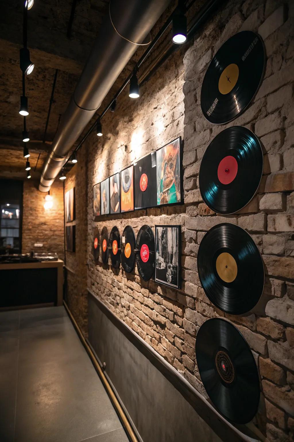 Vinyl records contribute a retro and creative vibe to the decor.