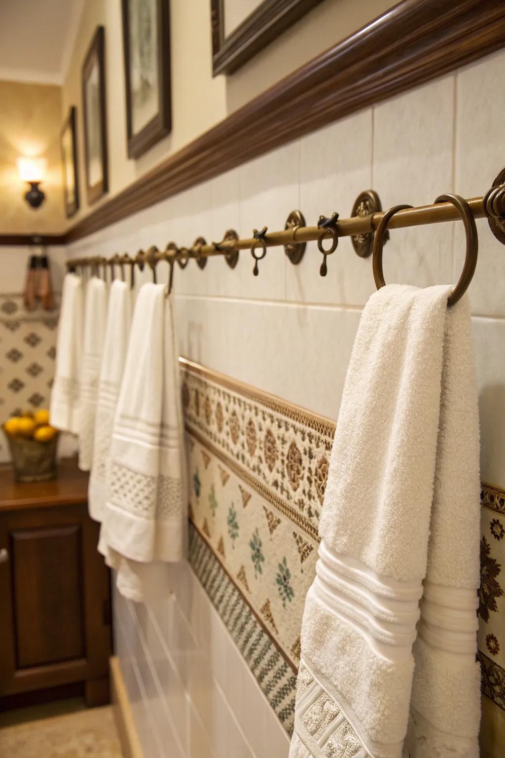 Decorative pegs transform towel displays into wall art.