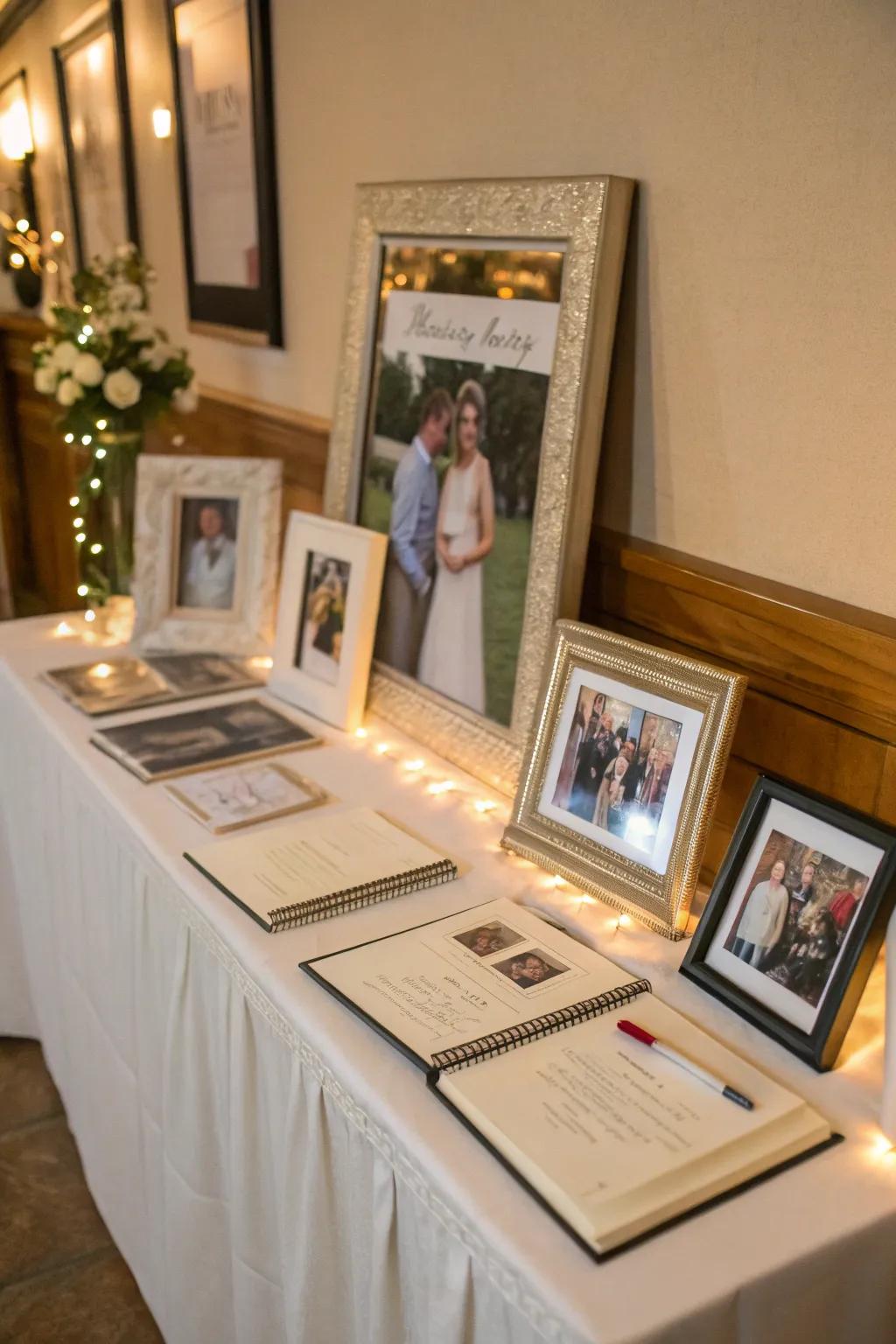 An image display adds a personal touch to the guest book table.