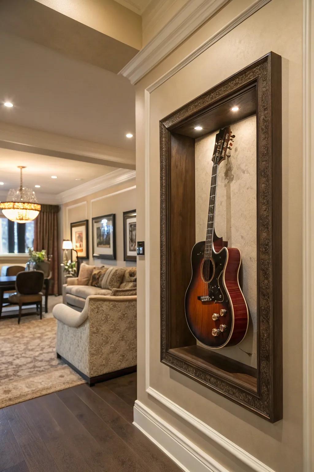 A guitar encased elegantly inside a shadow box.