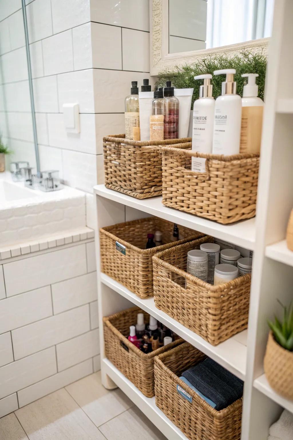 Chic baskets offer cozy and organized storage for hair products.