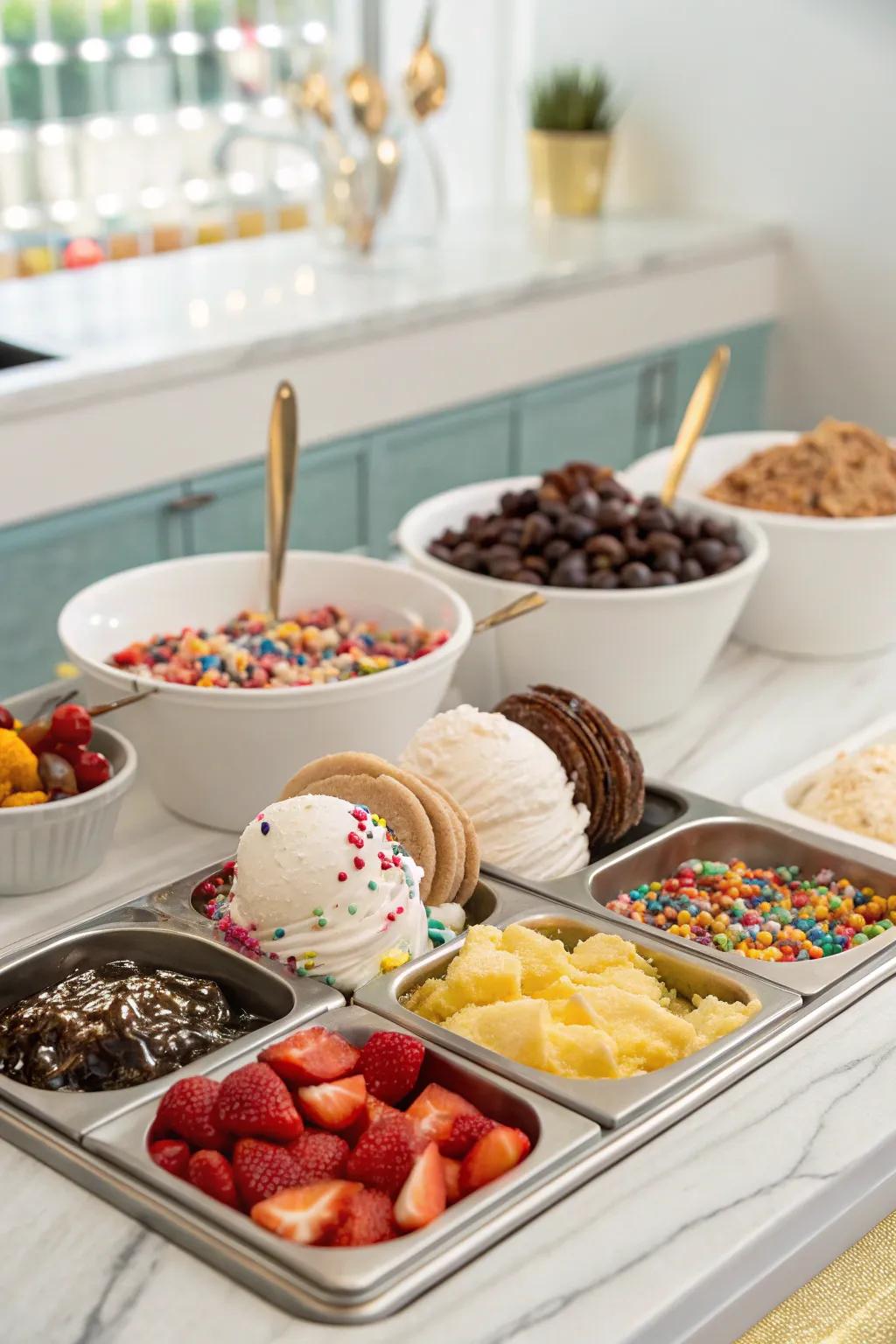 A delightful ice cream sundae bar featuring mini scoops and an assortment of toppings.