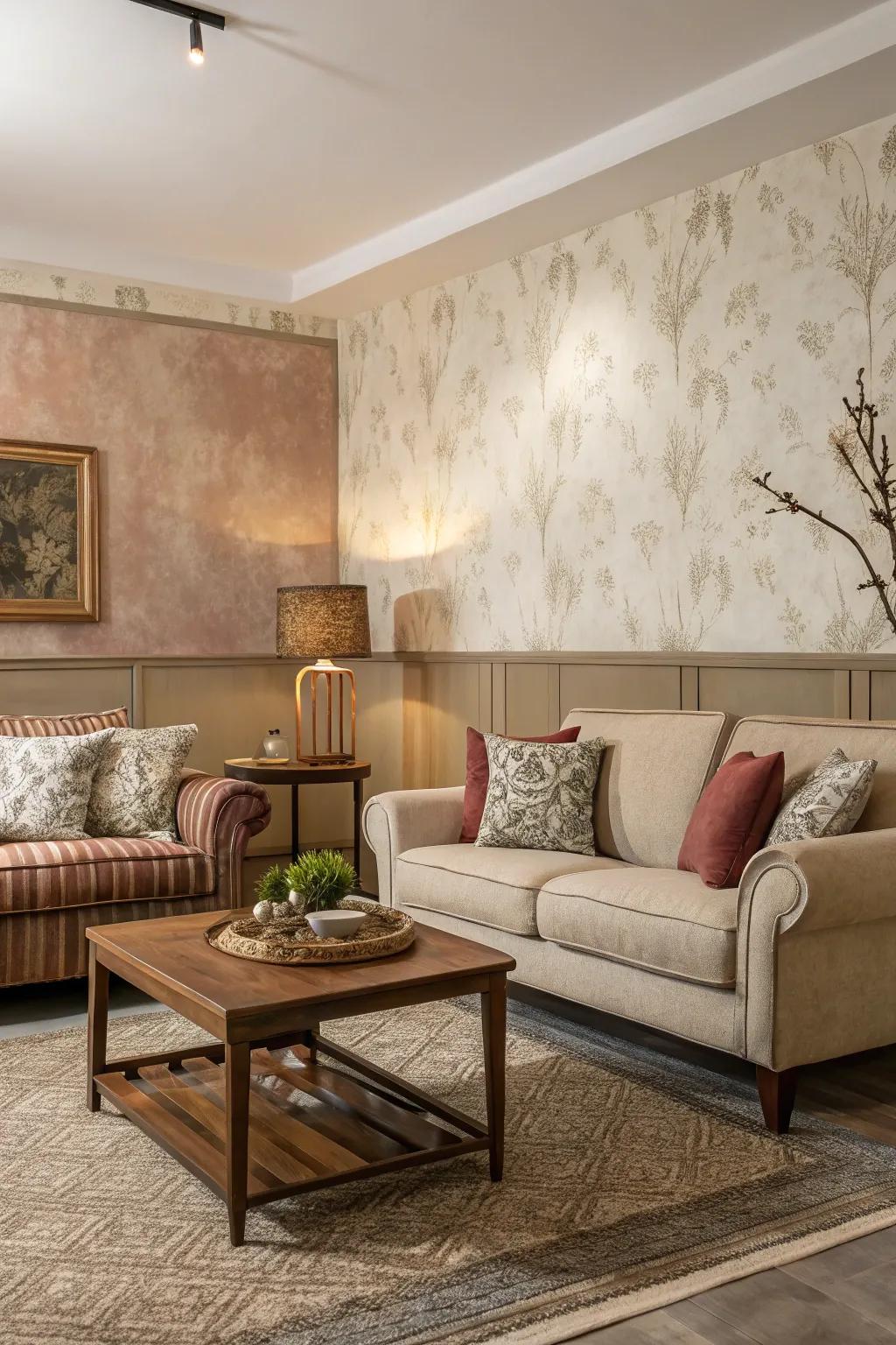 A harmonious living space where furniture perfectly complements the half wall coverings, half coating design.