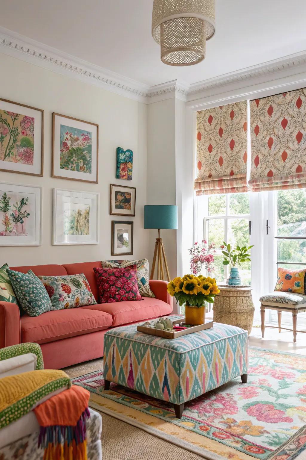 Vibrant living area with bespoke patterned shades.
