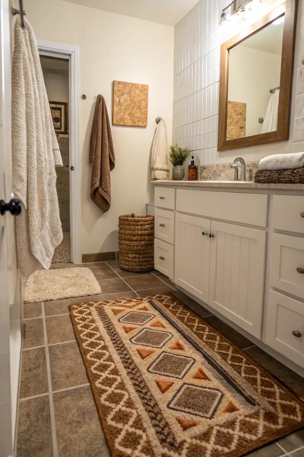 Textured features provide contrast and warmth in a guest bathroom.