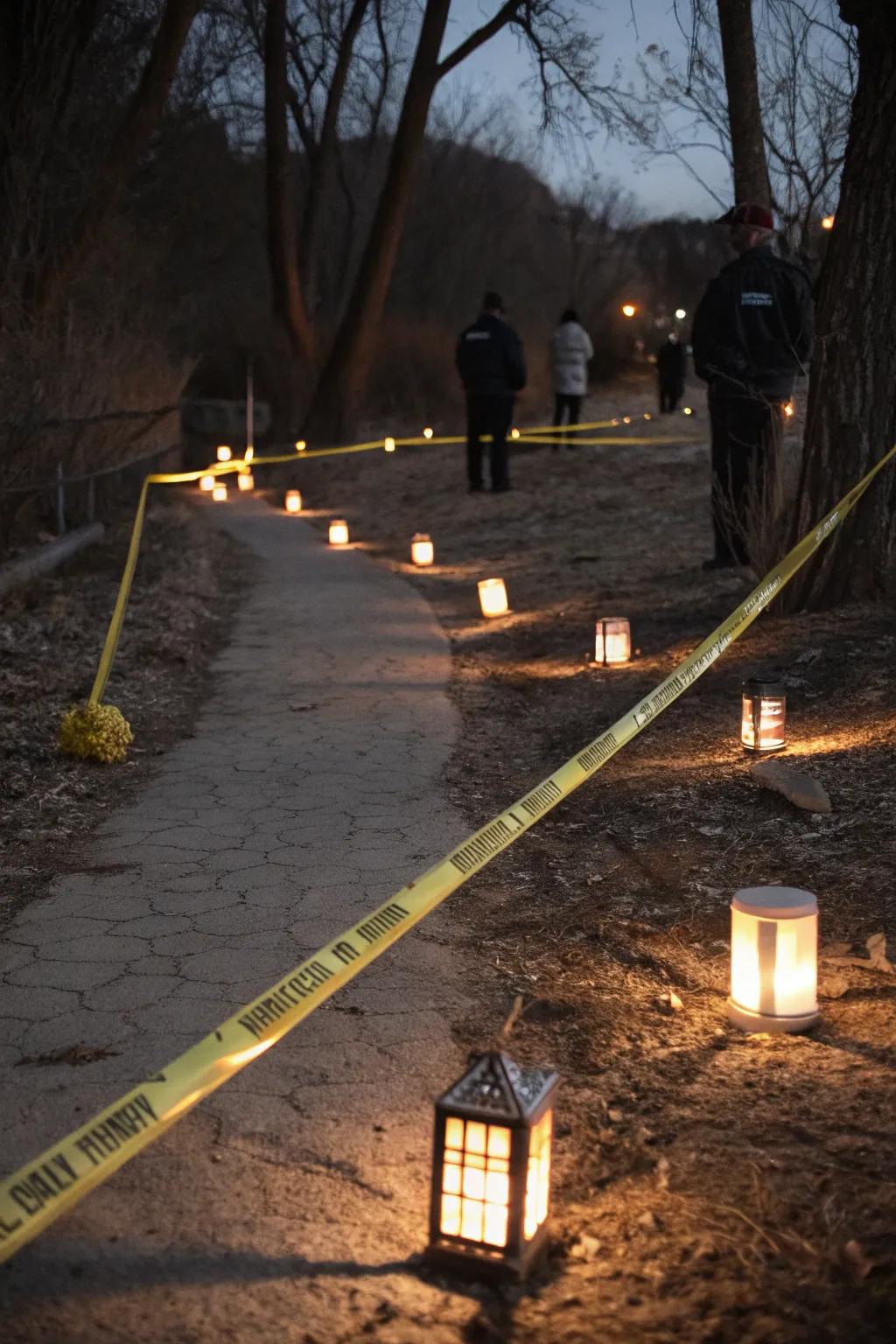 A spooky path marked with hazard tape.