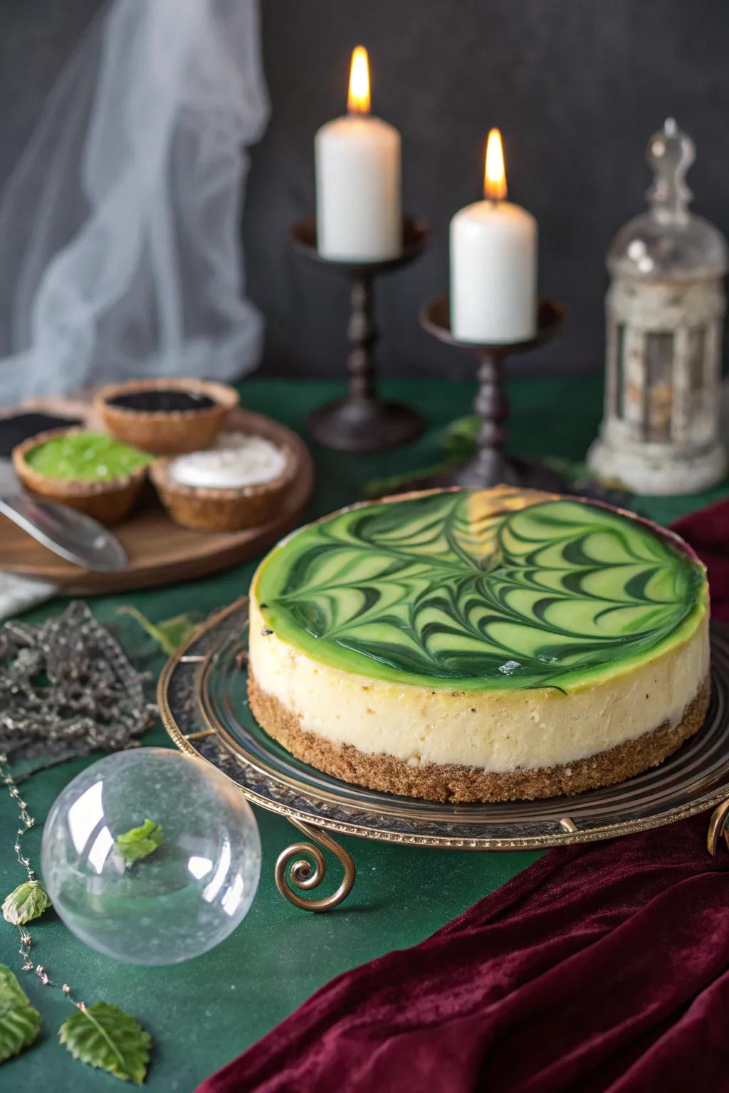 A hag’s potion frosting bestows this cheesecake with an enchanting essence.