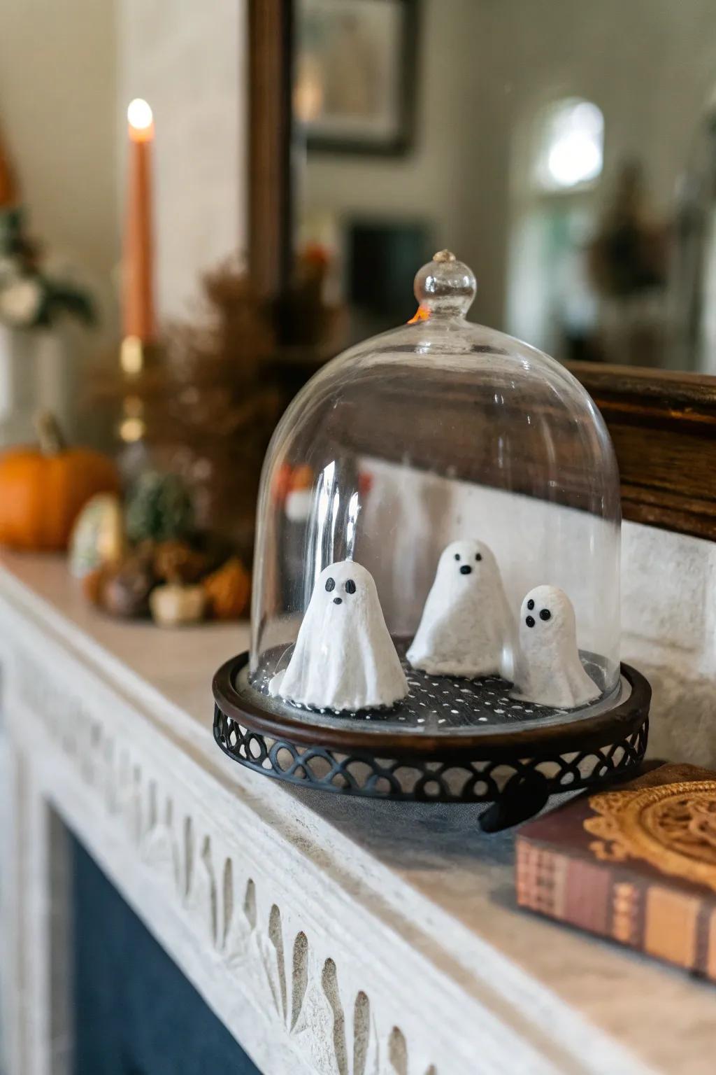 Ethereal characters within a display case infuse a playful spookiness.