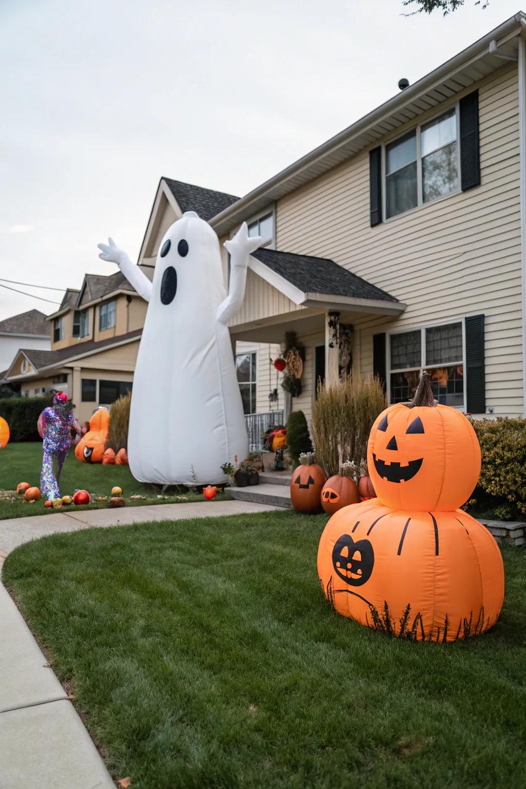 Create a statement with large Halloween inflatable figures.