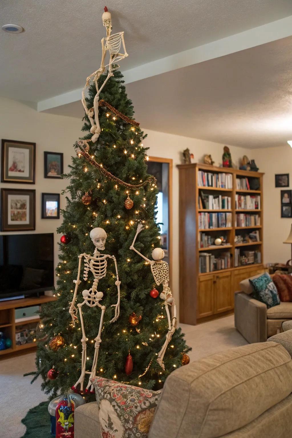 A fun Halloween tree with playful skeleton figures.