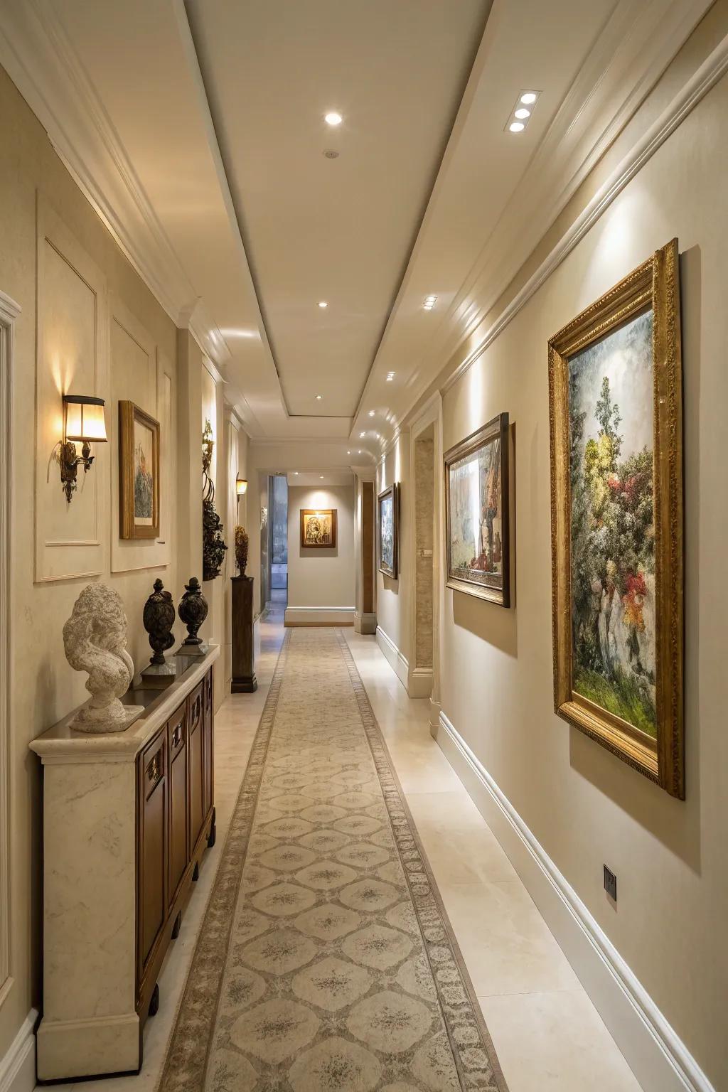 Harmonious colors create a welcoming and unified hallway ambiance.