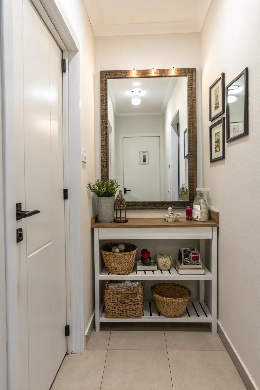 Floating shelf and mirror for a tidy and stylish hallway.