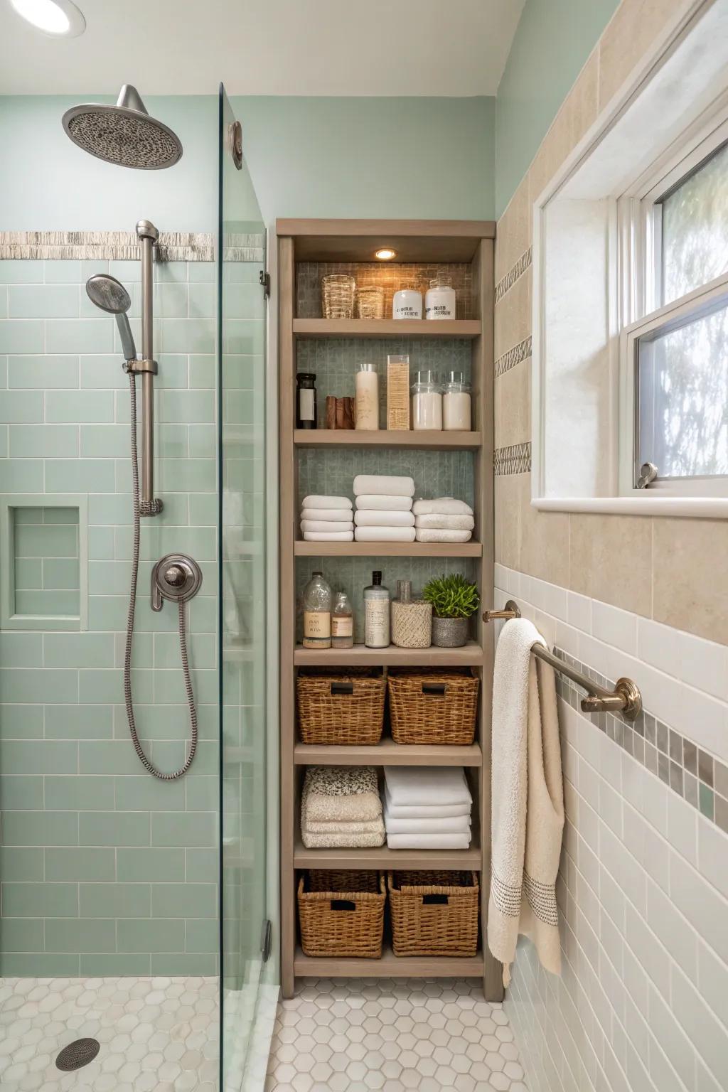 Mix practicality and style with built-in shelving and an aqua-sprayer.