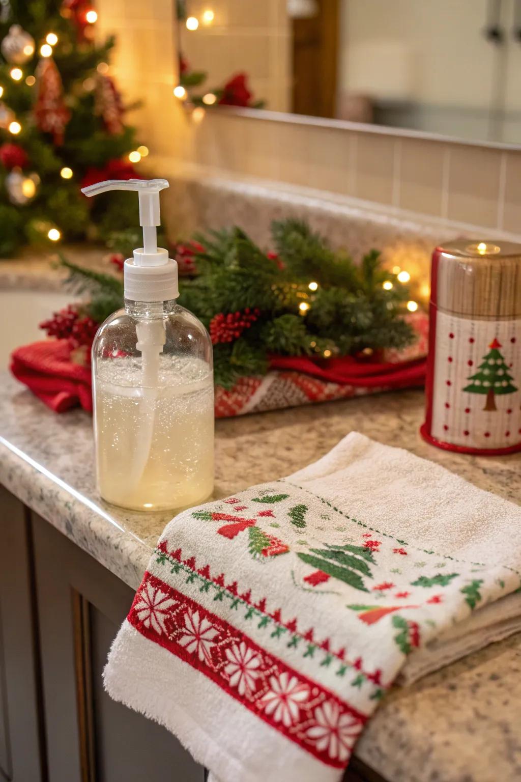 A joyful combination of hand cleanser and a holiday towel
