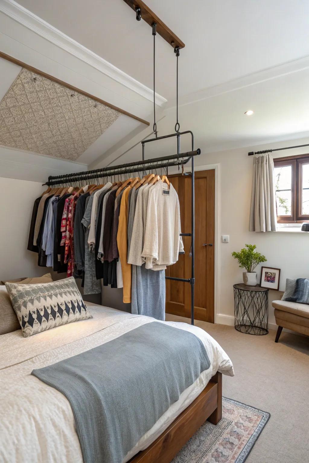 Elevate your wardrobe using an overhead clothing rack.