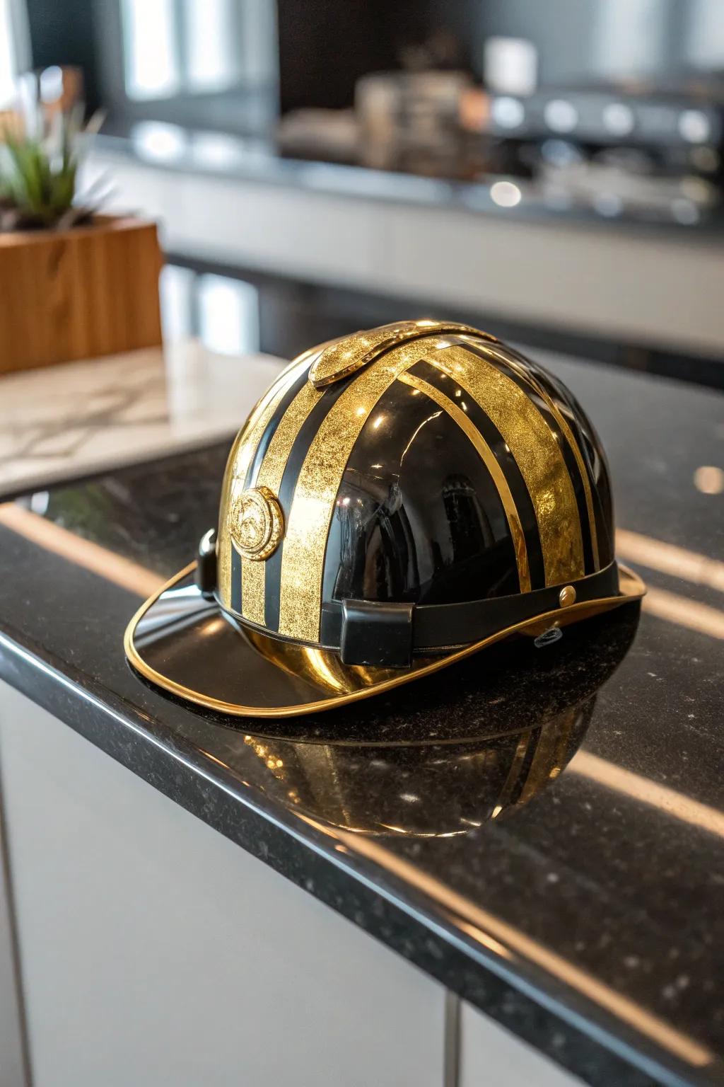 A hard hat elevated with shiny metallic accents.