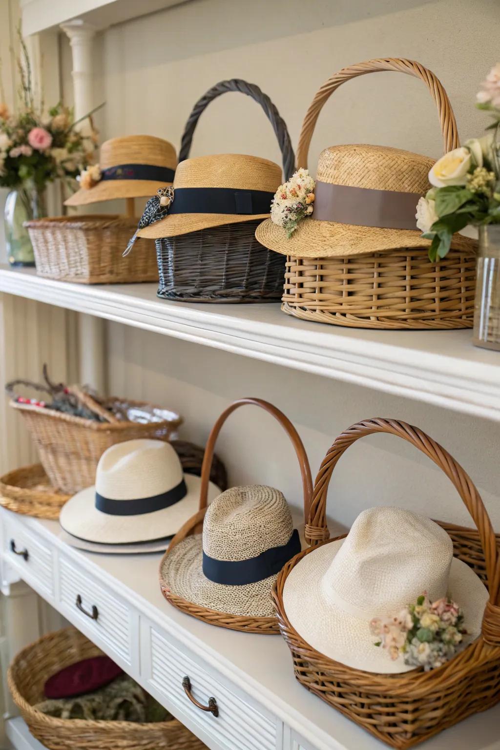 Hats stored in decorative baskets.