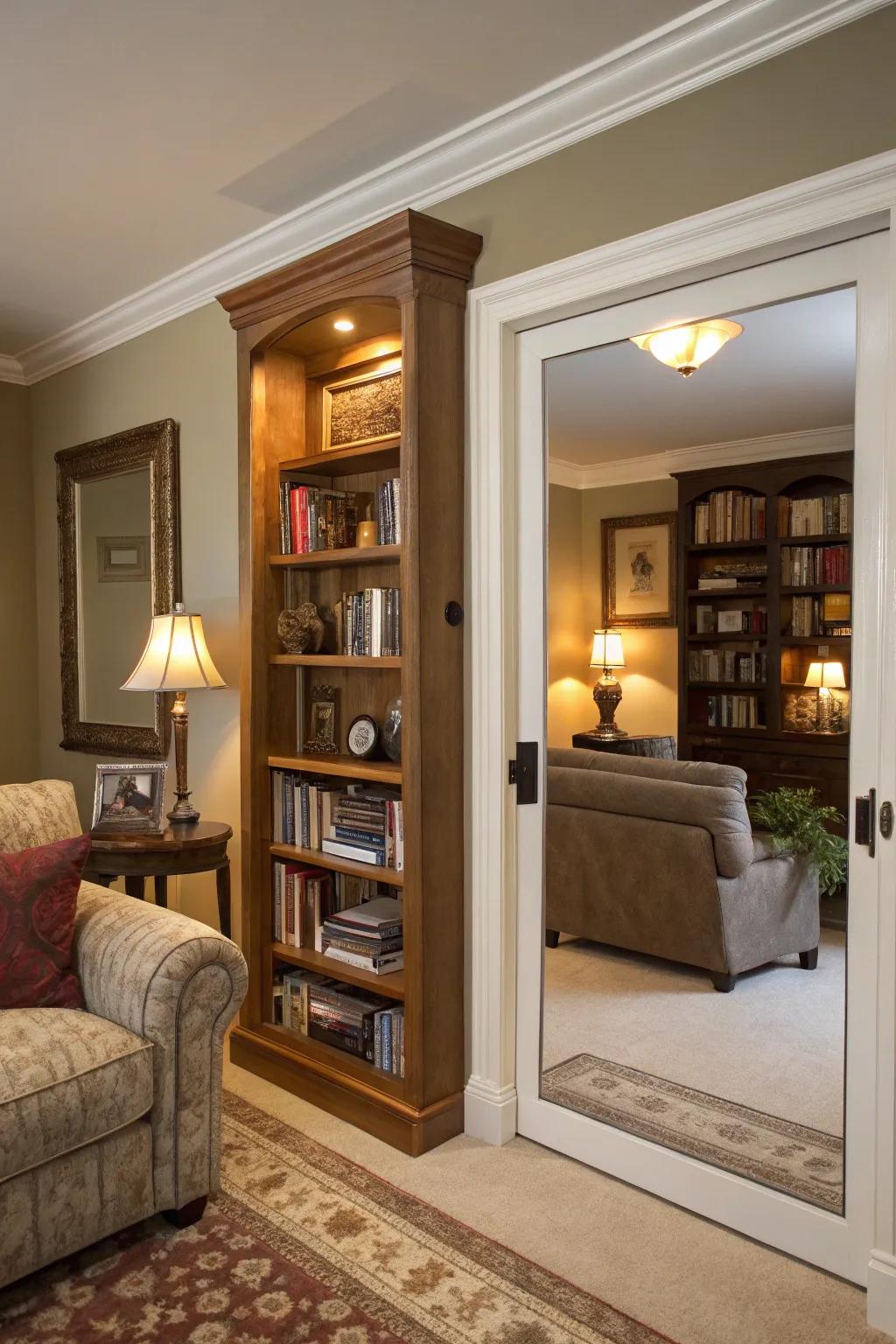 A bookshelf featuring a hidden mirror door cleverly hides a passage.