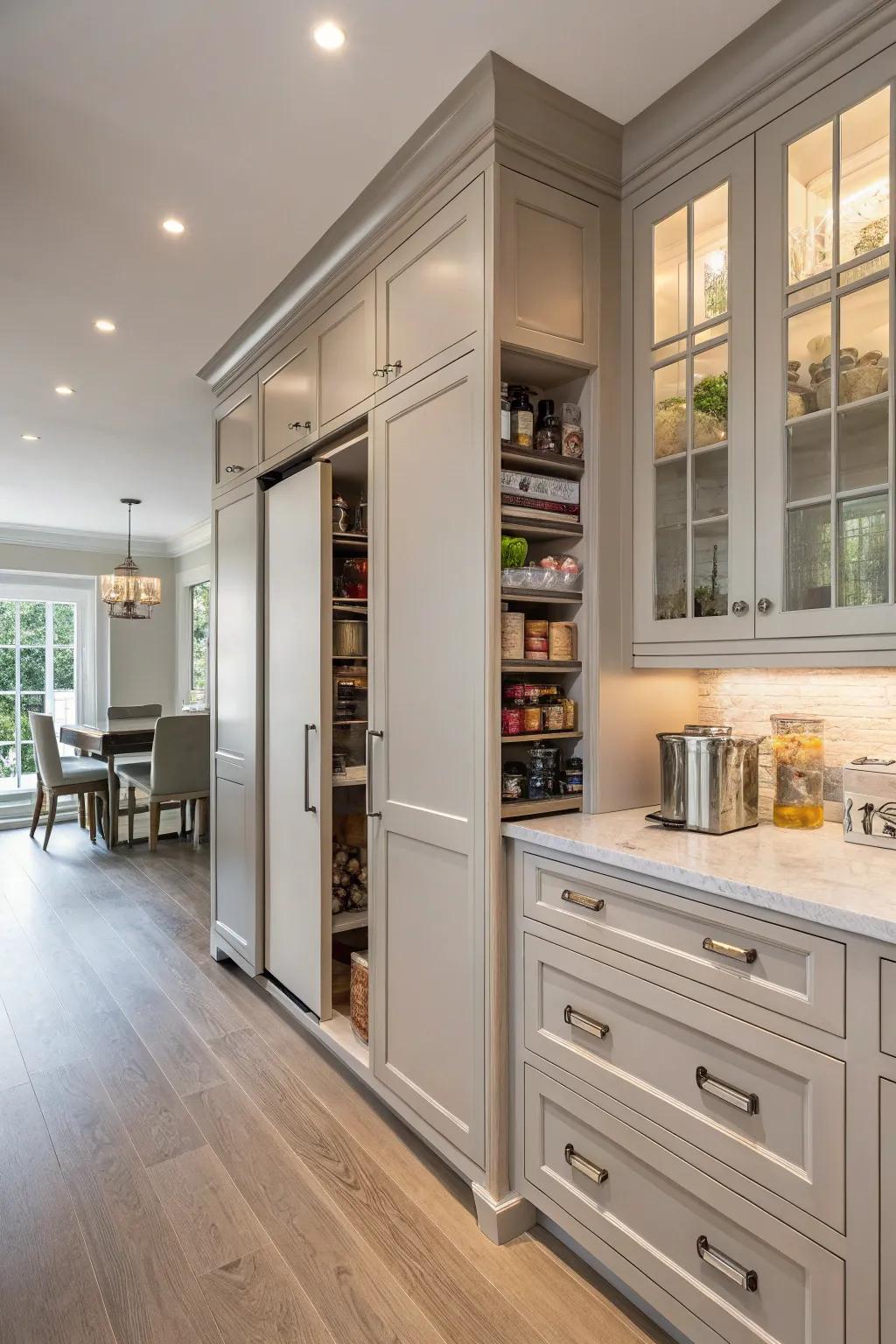 Custom cabinetry flawlessly conceals a pantry, blending right into the kitchen.