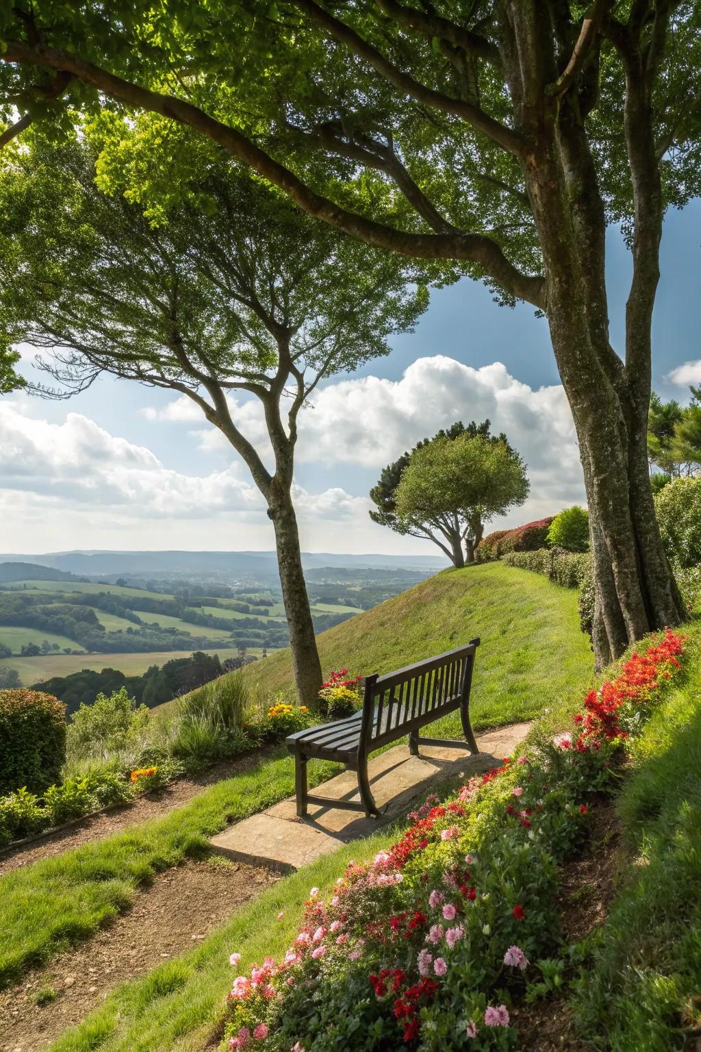 Functional areas like a cozy seating space enhance hillside gardens.