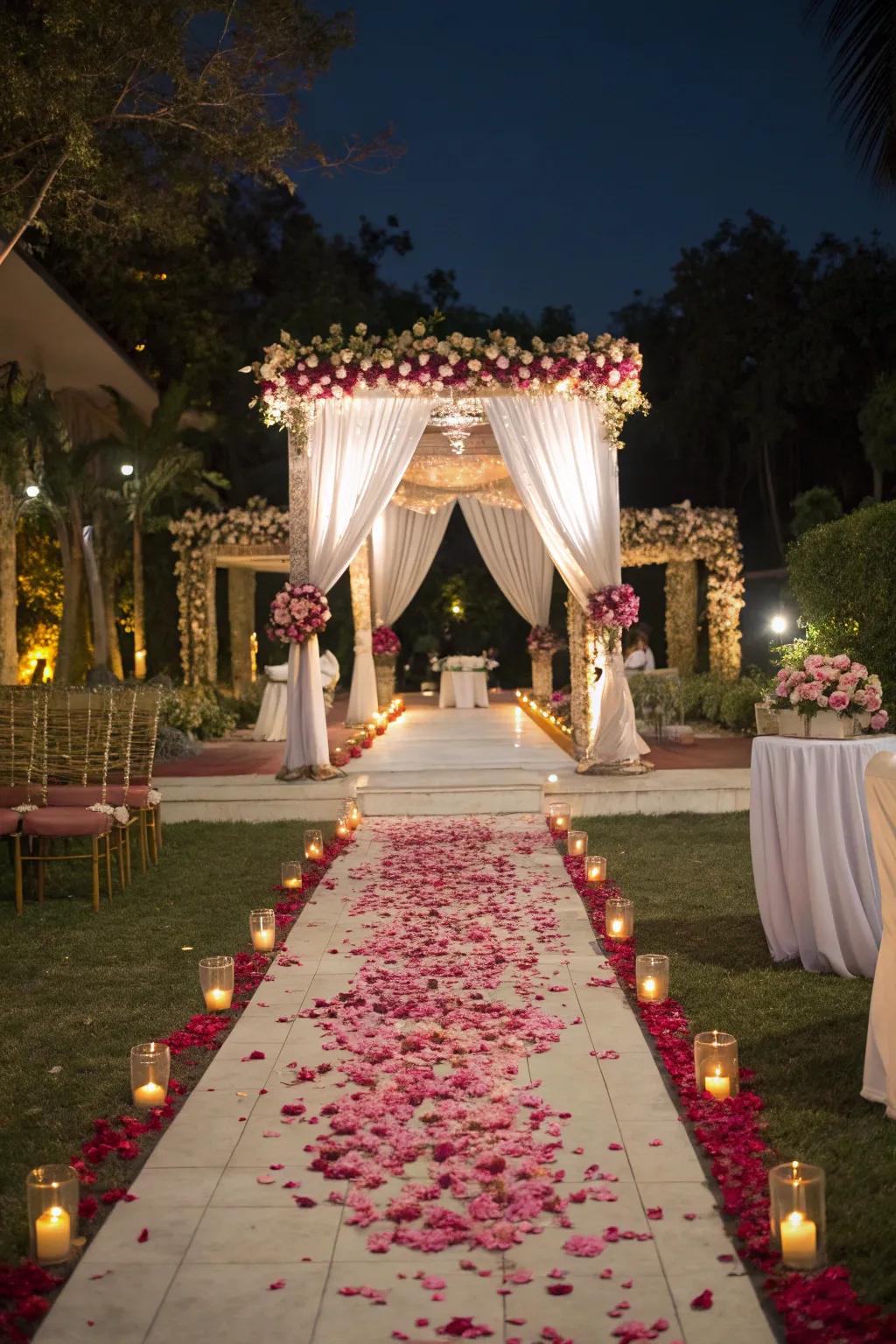 Inviting pathways leading to the mandap with petals and drapes.