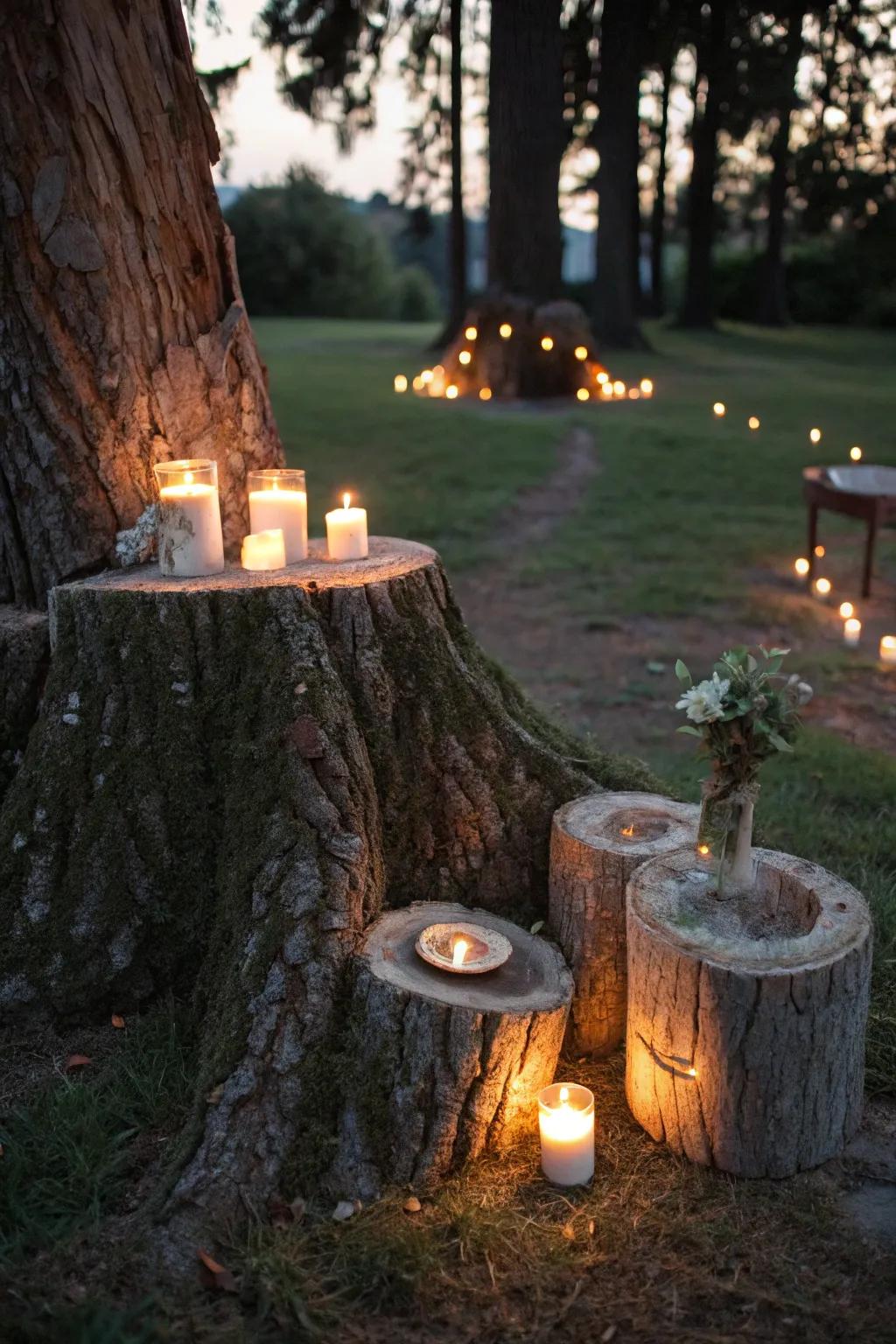 A tree stump evolves into an elegant light fixture for cozy nights.
