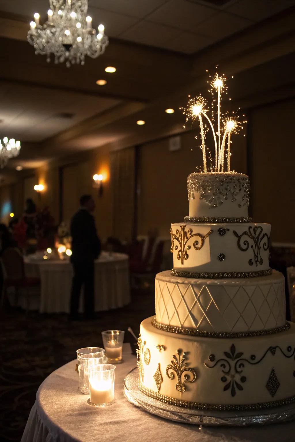 Fondant spotlights cast a dramatic glow on this Hollywood-themed cake.