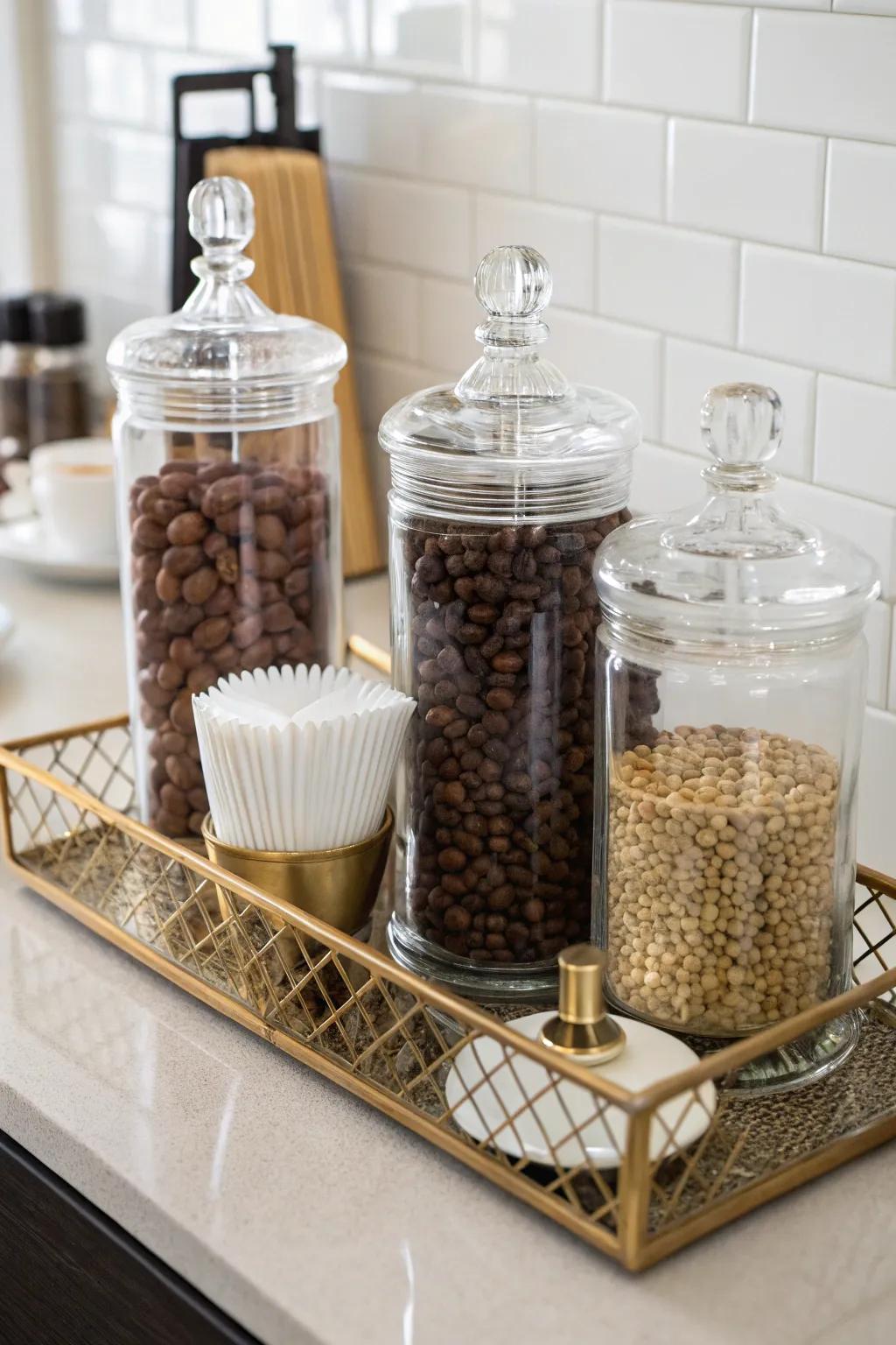 Stylish storage solutions maintain an organized and chic coffee station.