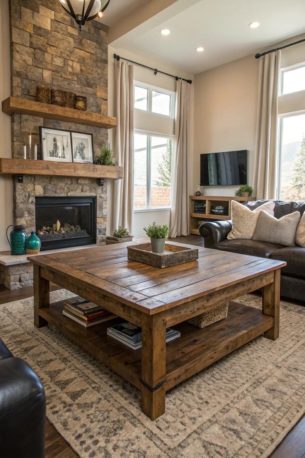 A contemporary living room featuring a rustic recovered wood center table.