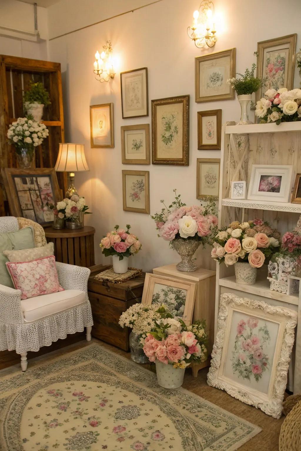 Antique frames and pastel blossoms evoke vintage elegance.