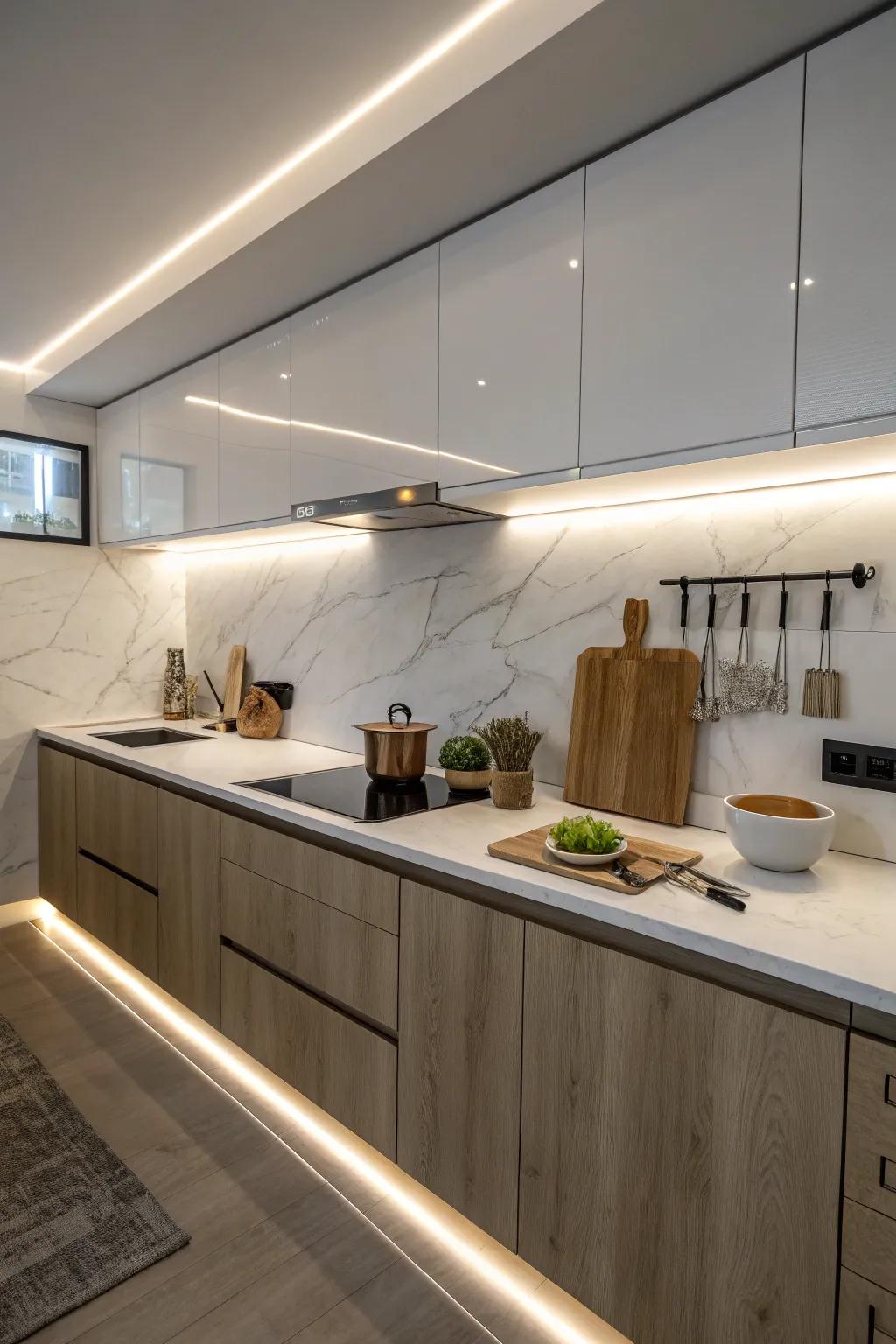 Under-cabinet LED strips brighten cooking area counters.