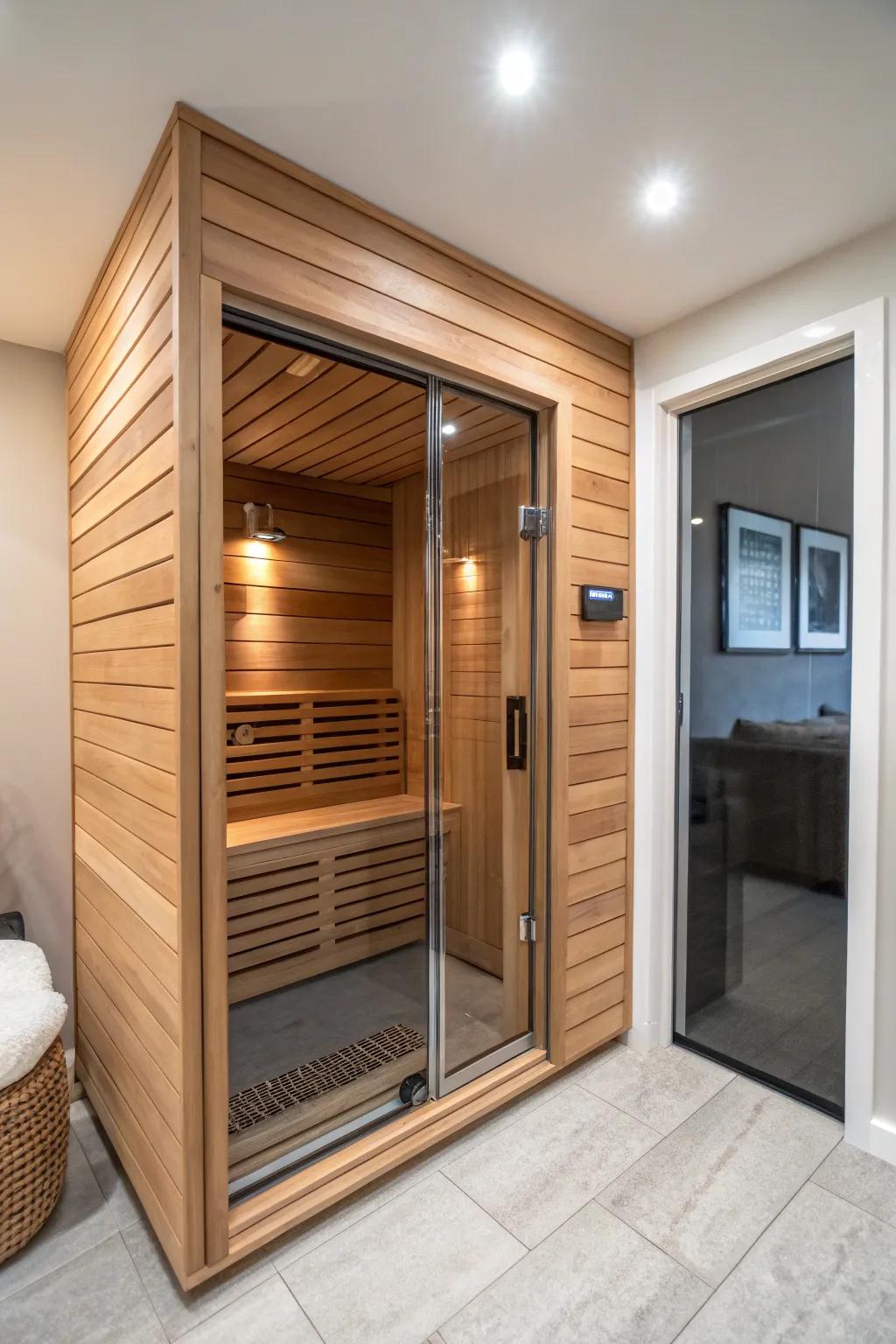 A compact sauna maximizing the use of a small space.