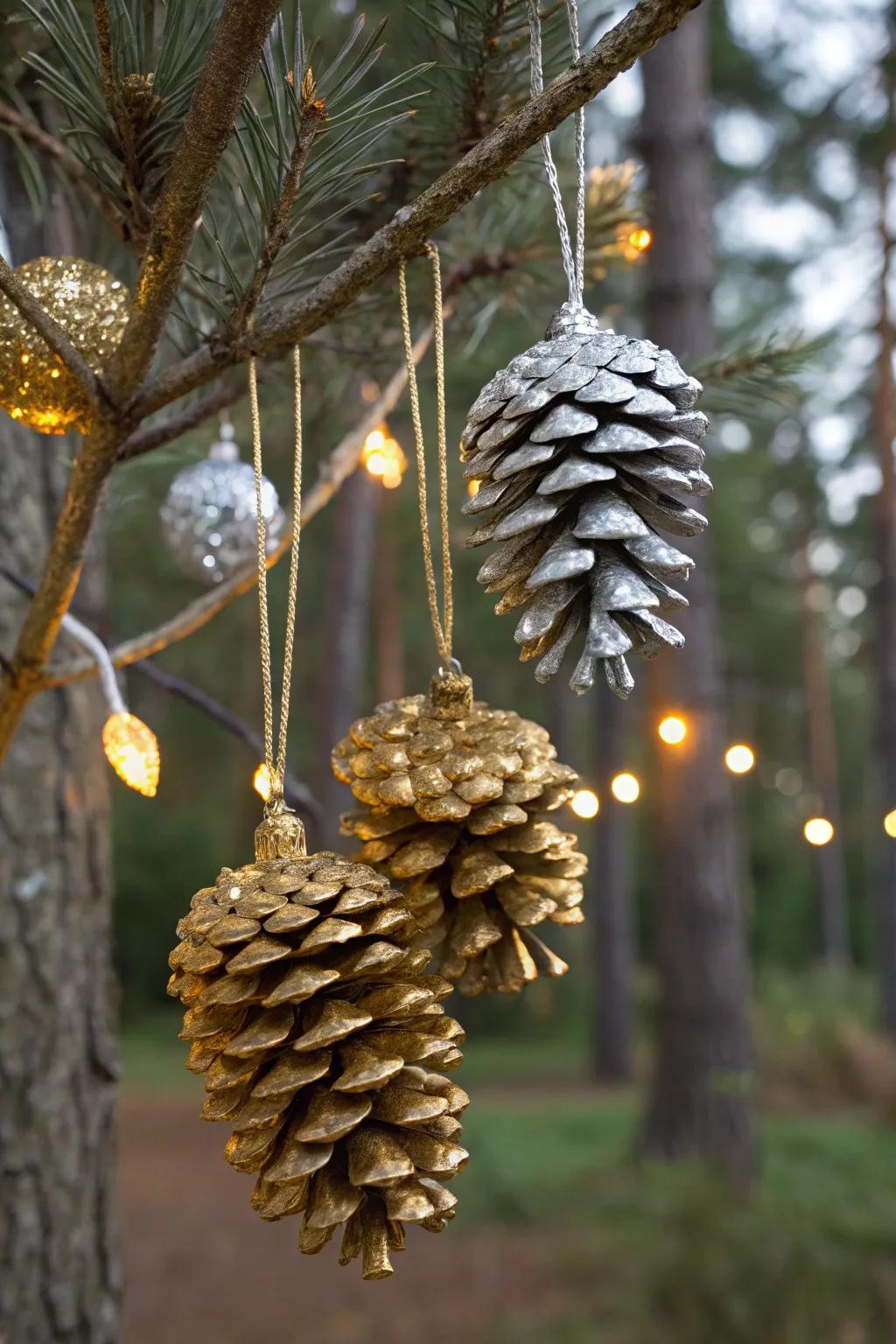 Refined gleaming cone accents appending a note of opulence to the holiday finery.