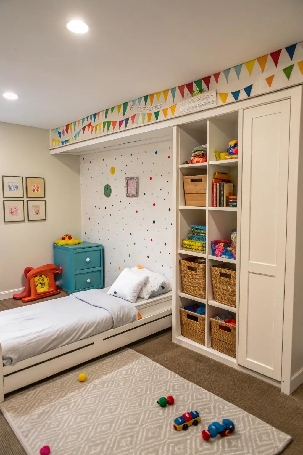 A playful kid's area using a folding convertible bed, transforming into a fun playing space.