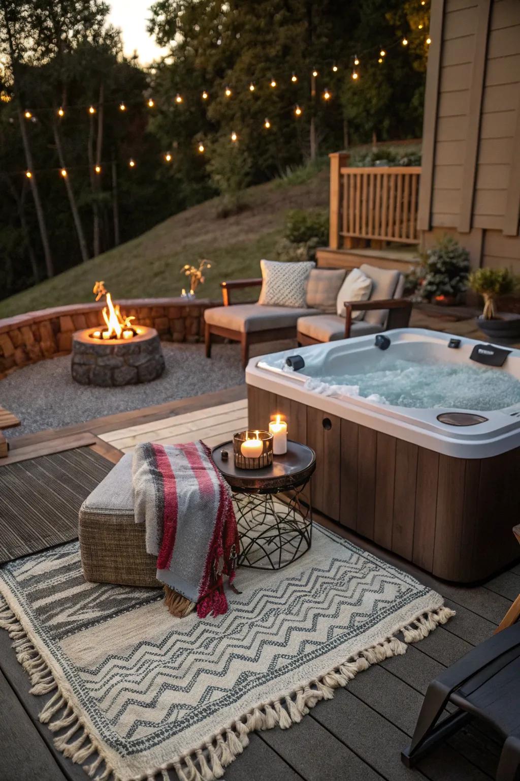 A fire hollow injects heat and allure into the hot tub area.