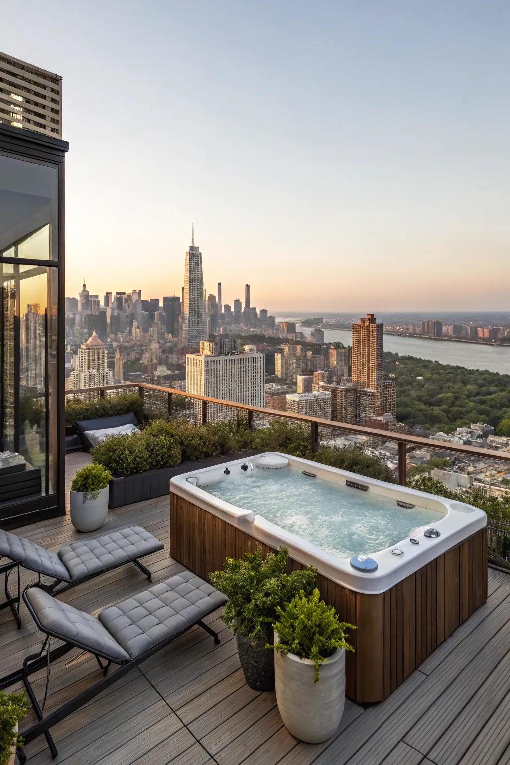 A rooftop hot tub deck gifts spectacular vistas and a peaceful getaway.
