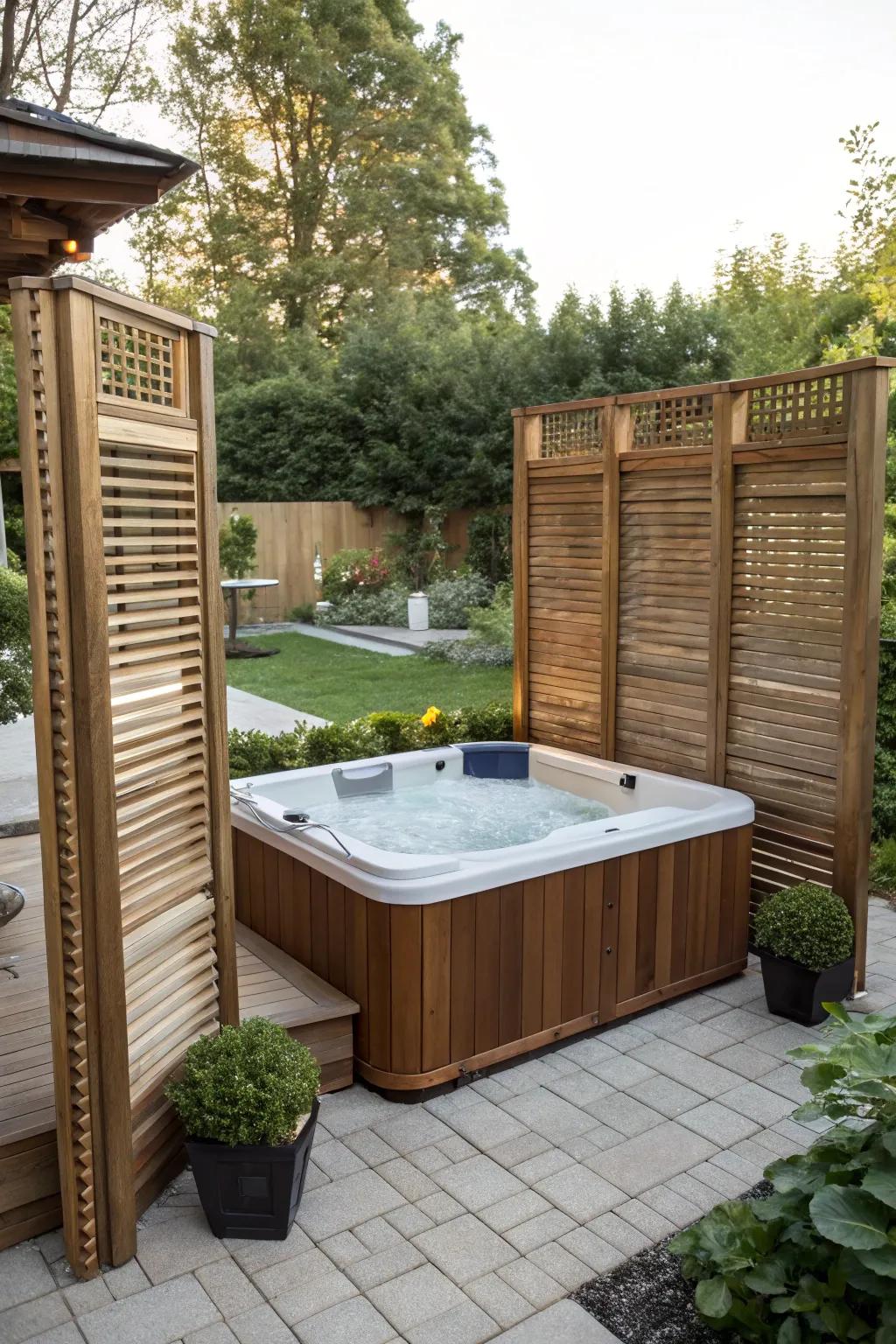 Design a private sanctuary using stylish privacy screens around your hot tub.