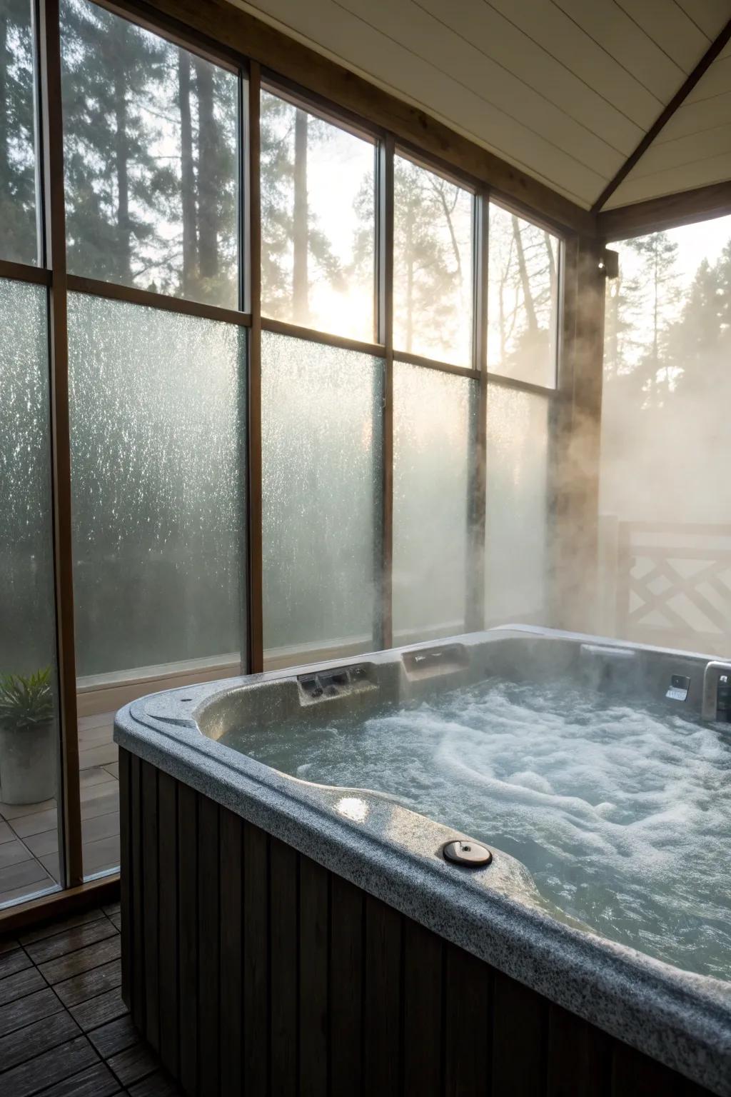 Opaque glass panes provide seclusion without forfeiting brightness.