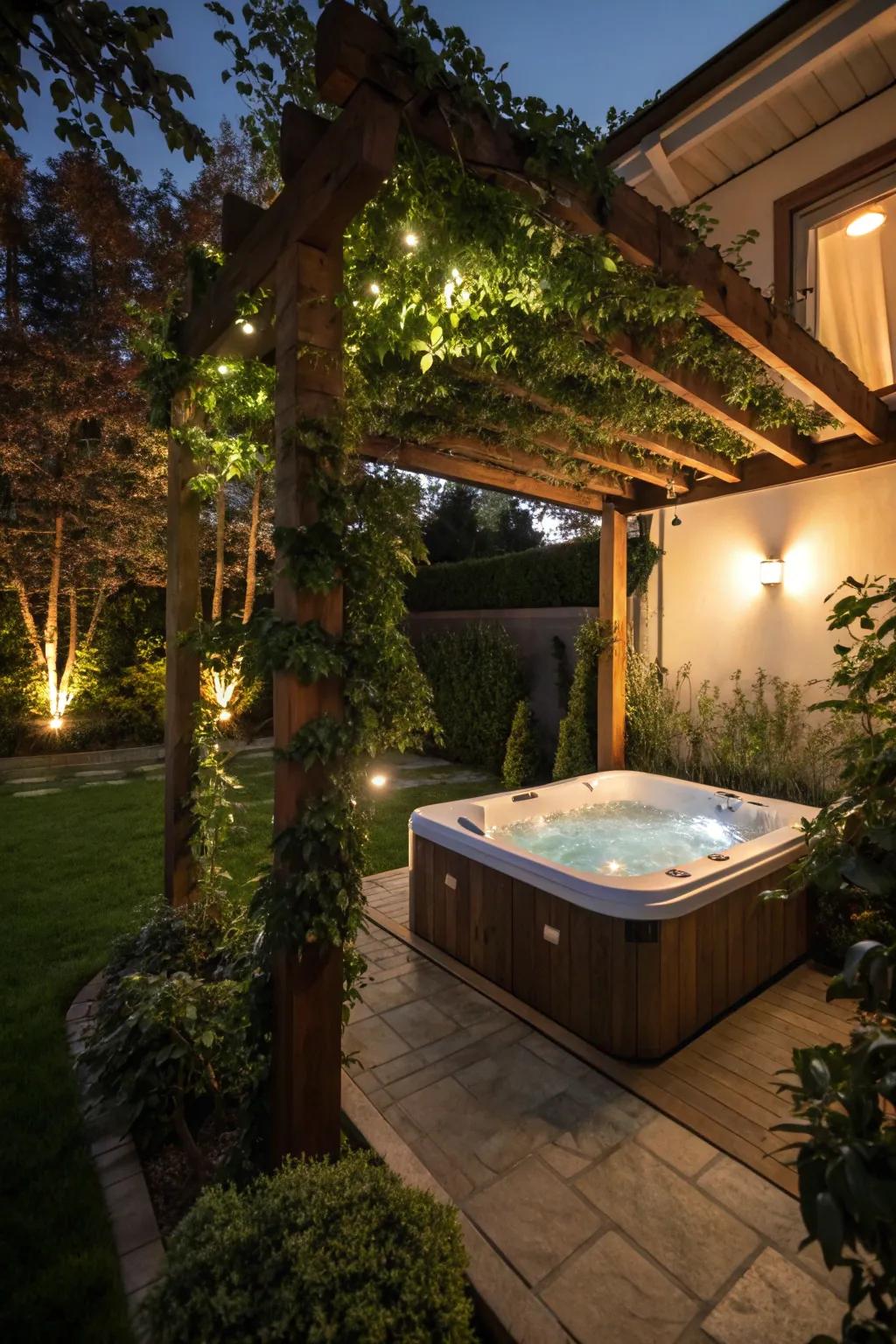 A pergola appends structure and charm to your hot tub area.