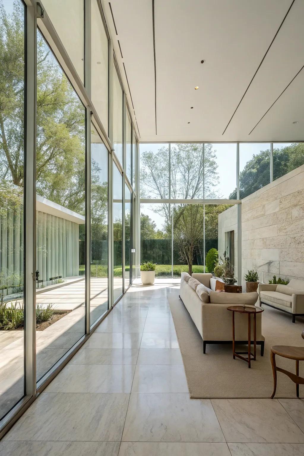 A modern interior featuring glass walls that enhance the sense of space.