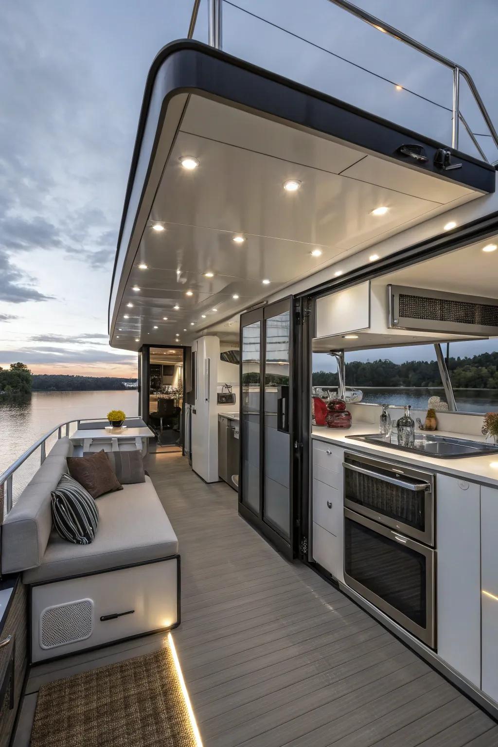Modern conveniences elevate the comfort of this houseboat.